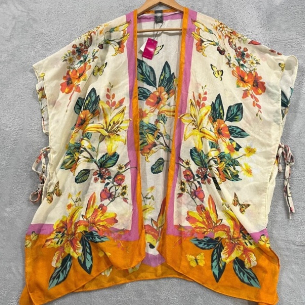 Vince Camuto Kimono Top Floral Open Front Batwing Sleeve Tie Cover Up‎ Boho - Picture 12 of 14